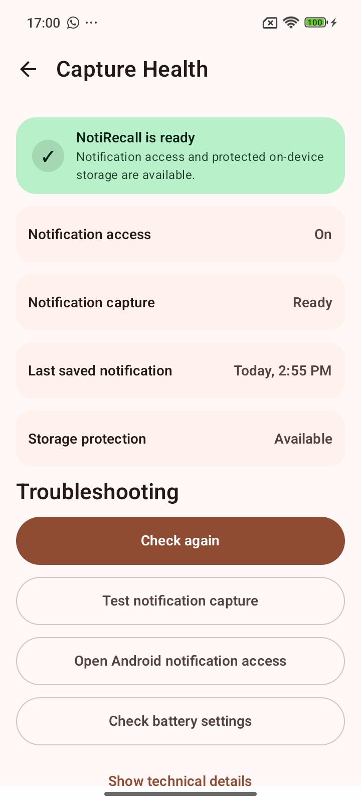 NotiRecall Capture Health showing notification access and capture status